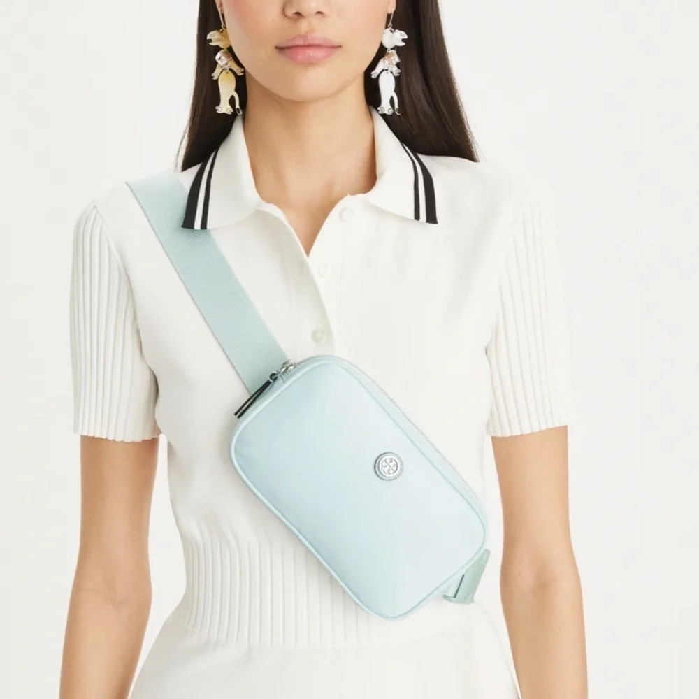 Tory Burch Virginia Nylon Belt Bag Crossbody Bag Ice Blue Silver Baby Blue Light